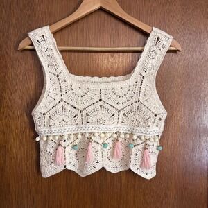 Boho Crochet Crop Top Cream Square Neck Tassel Fringe Beaded Festival
